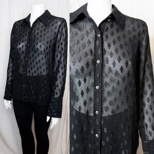 RAMY BROOK Sheer Black Chiffon Metallic Polka Swiss Dot Button Down Blouse XS
